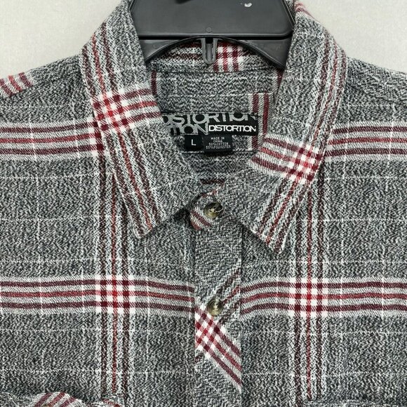 Distortion Button-Up Shirt Men's Sz L Gray Red Plaid Collared Chest Pockets - Picture 6 of 8